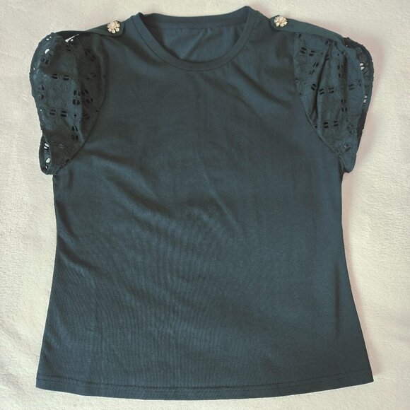 NWOT Twinset U&B Womens Lace Eyelet Sleeve Knit Top gold-tone floral buttons S - Picture 2 of 12